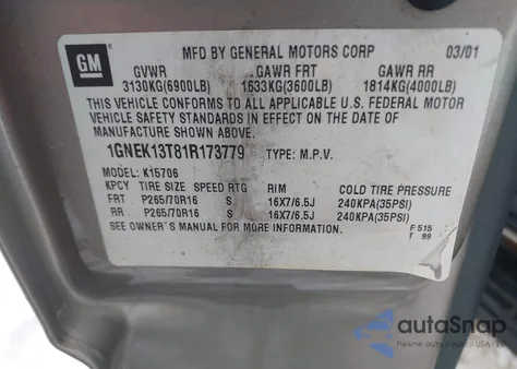 2001 Chevrolet Tahoe Ls from USA, damaged, VIN 1GNEK13T81R173779